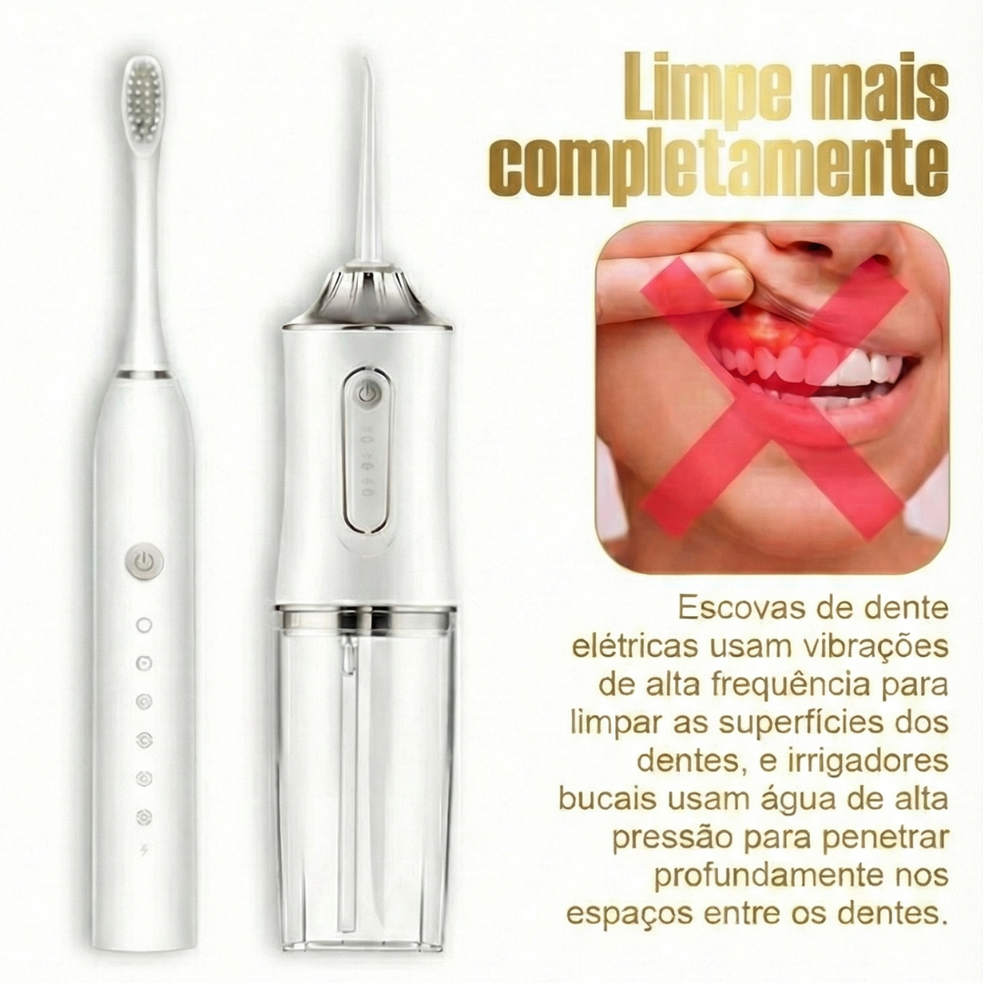Kit Odonto-Sônico 360: Irrigador Bucal + Escova Elétrica Recarregável