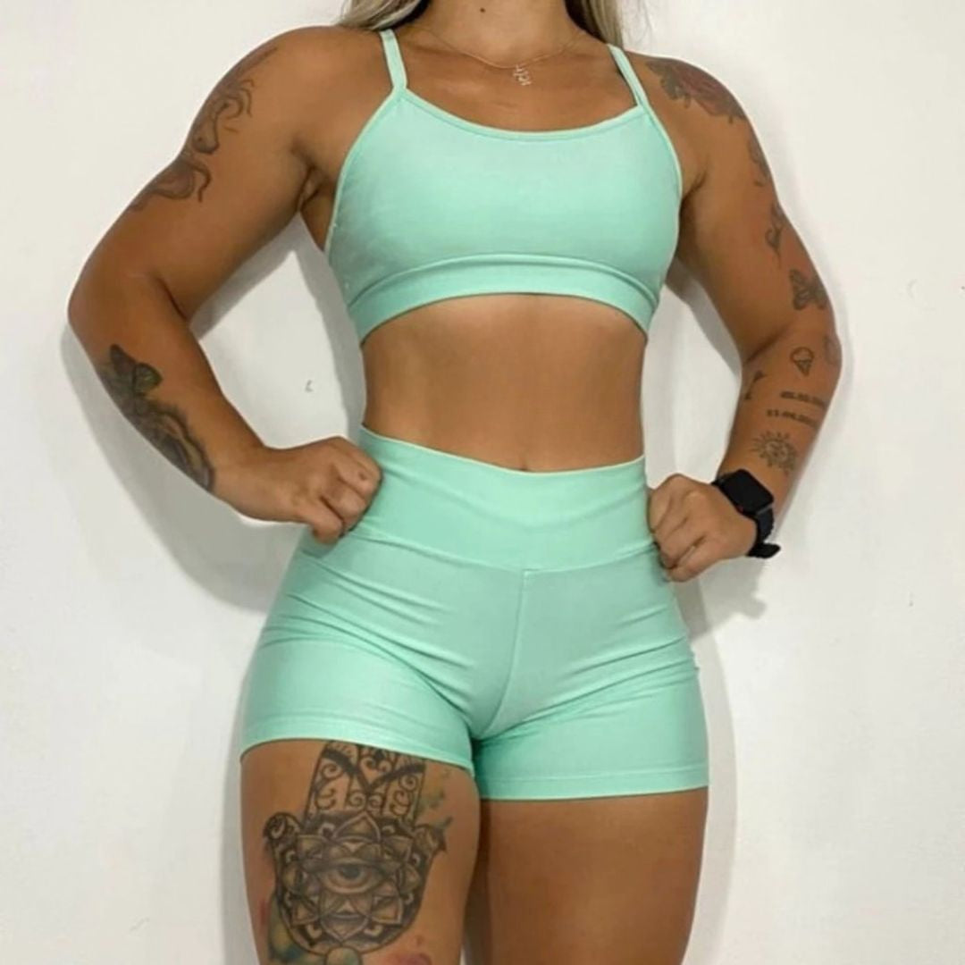 Kit Academia Short + Top: Cintura Alta - Não Fica Transparente