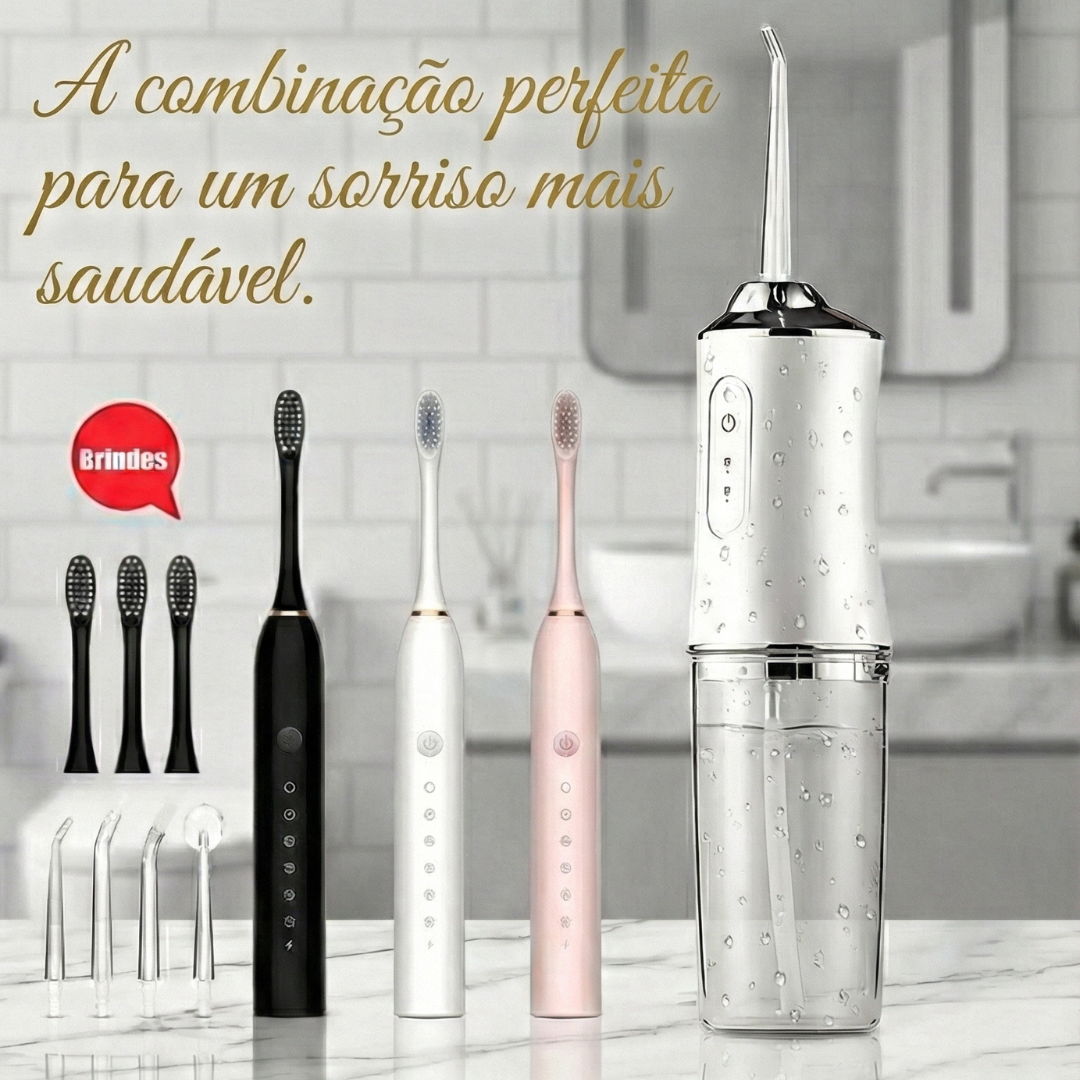 Kit Odonto-Sônico 360: Irrigador Bucal + Escova Elétrica Recarregável