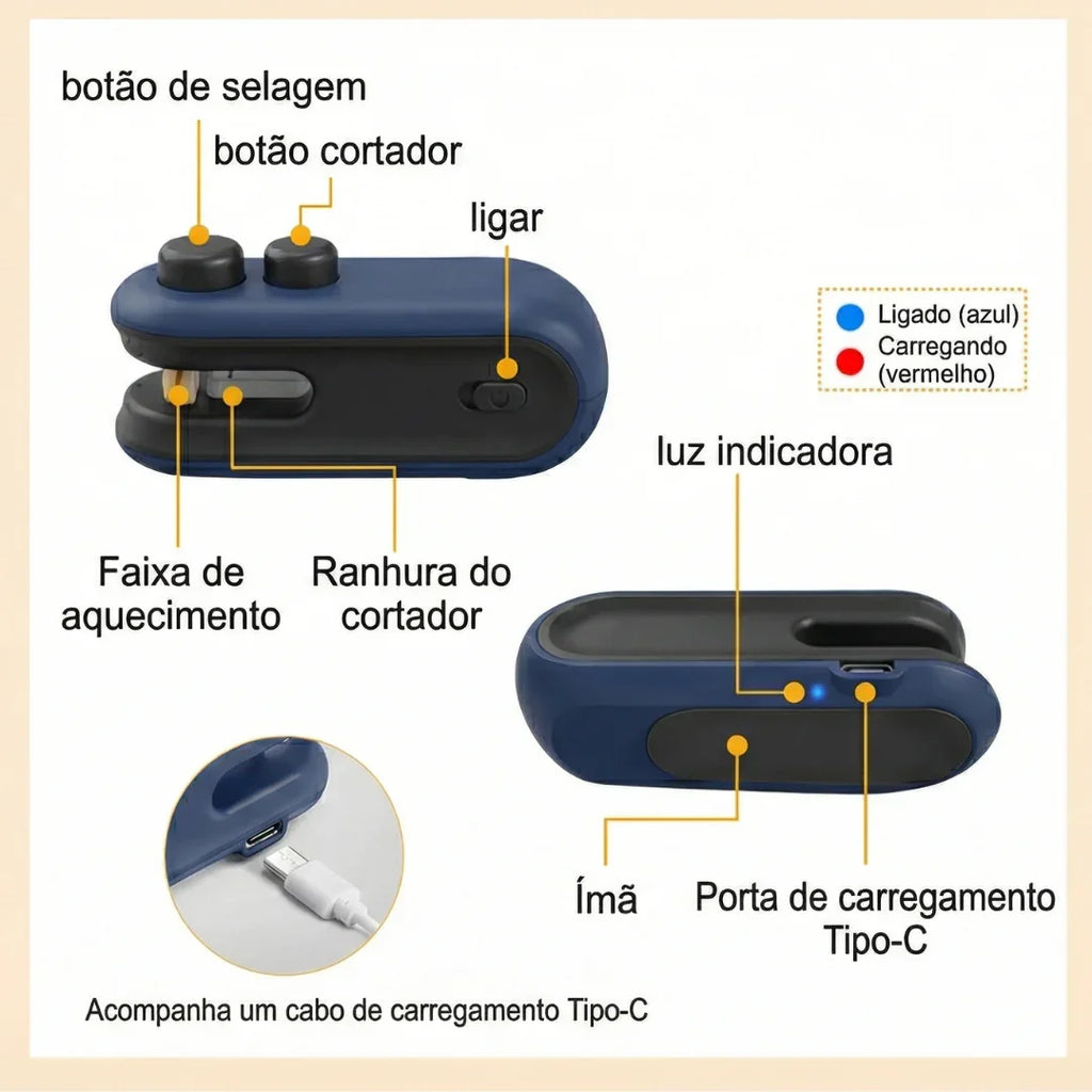 Lacre Pro: Seladora e Cortadora de Embalagens Portátil USB