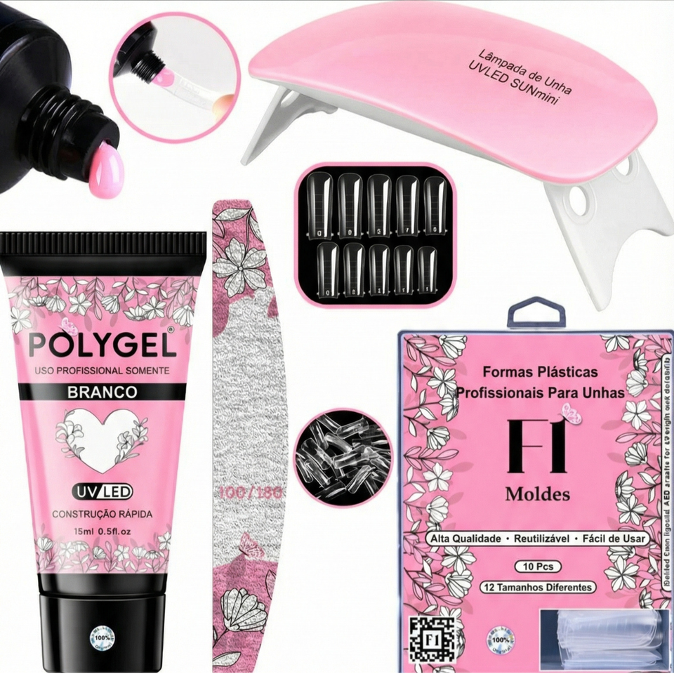 Kit Unha Poligel Iniciante: Completo com Lixa, Cabine e Moldes F1