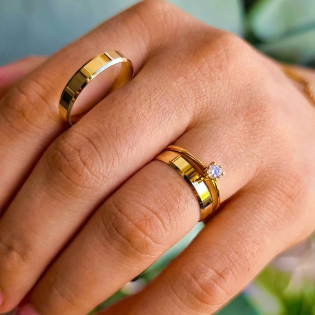 Par Alianças 4mm + Anel Solitário: Moeda Antiga Cor Ouro 18k Legítima