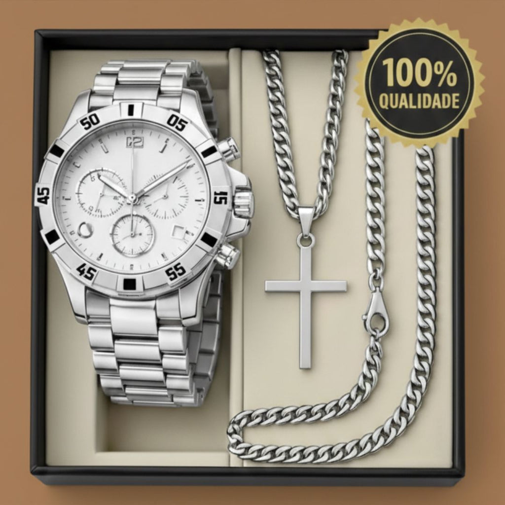 Relógio Masculino Premium + Conjunto de Joias: Estilo e Elegância