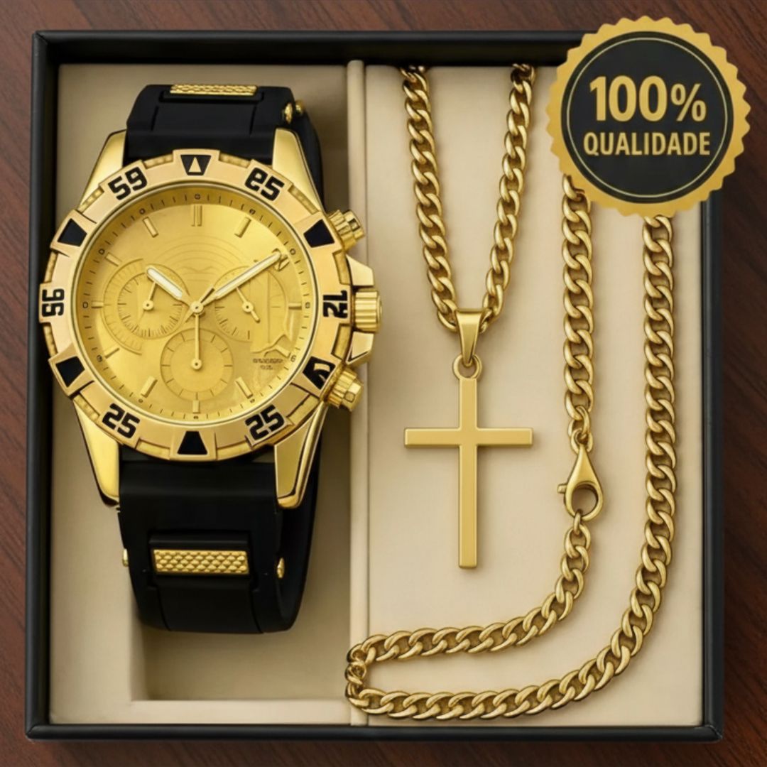 Relógio Masculino Premium + Conjunto de Joias: Estilo e Elegância