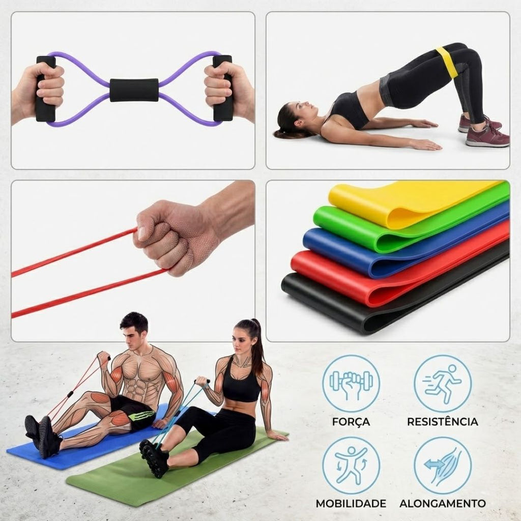 Kit 5 Mini Band Elástico Treino + Elástico Extensor Tensão: Academia em Casa