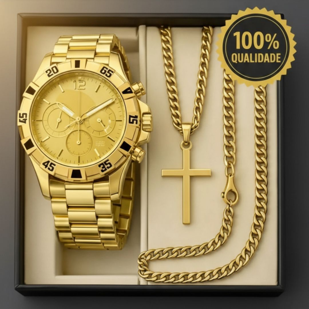 Relógio Masculino Premium + Conjunto de Joias: Estilo e Elegância