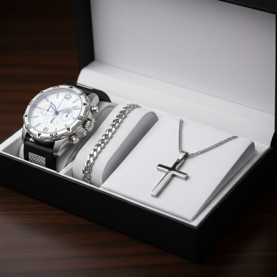 Relógio Masculino Premium + Conjunto de Joias: Estilo e Elegância