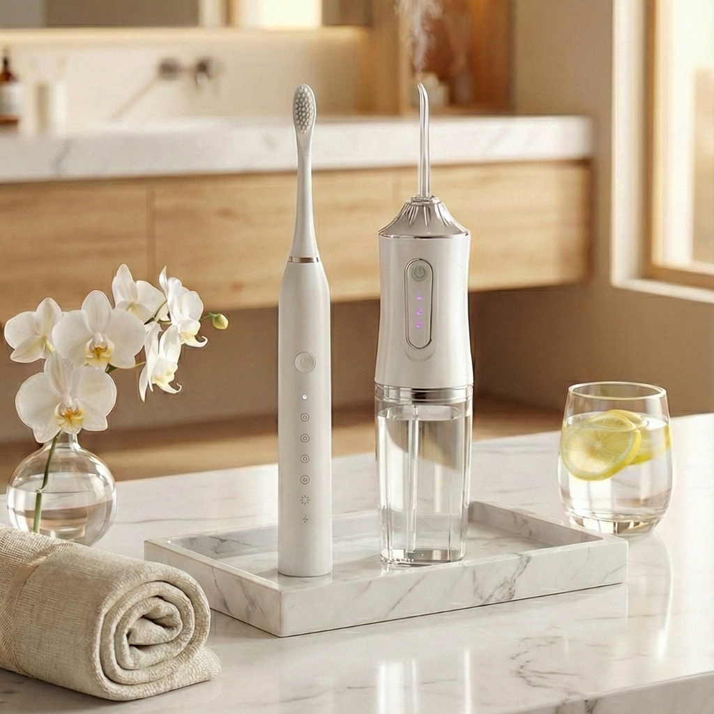 Kit Odonto-Sônico 360: Irrigador Bucal + Escova Elétrica Recarregável