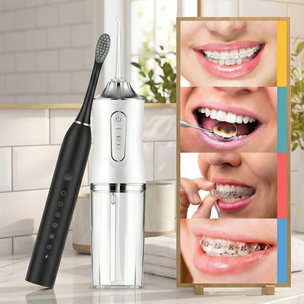 Kit Odonto-Sônico 360: Irrigador Bucal + Escova Elétrica Recarregável