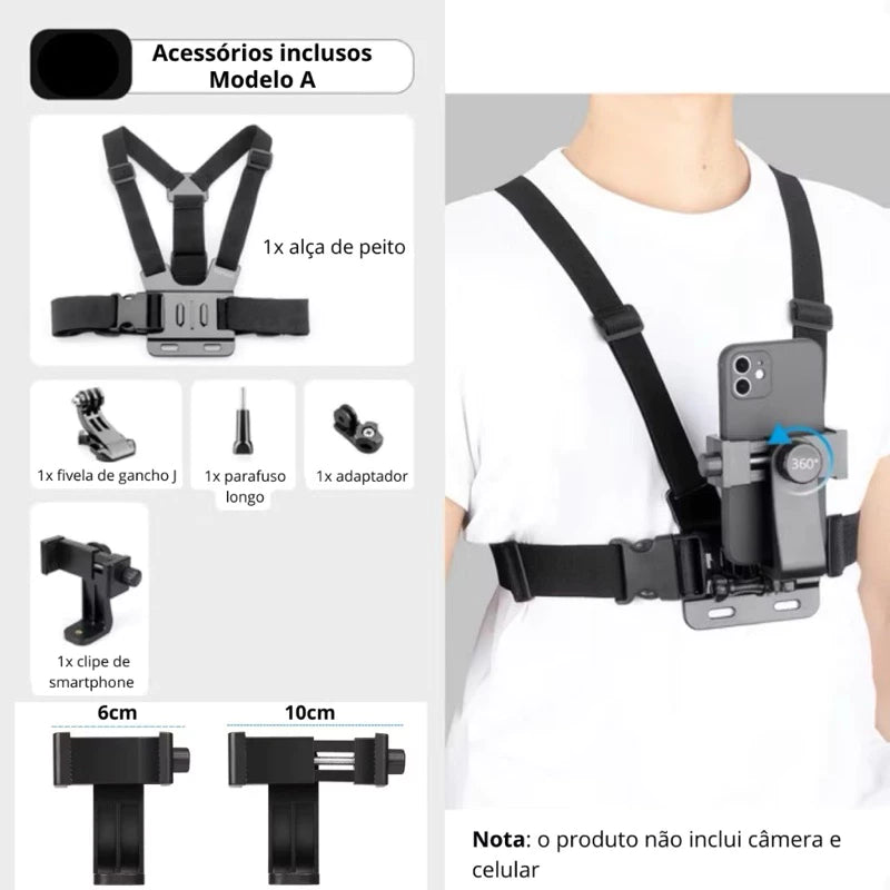 Suporte De Peito Para Celular E GoPro — Peitoral Ajustável Moto E Bike