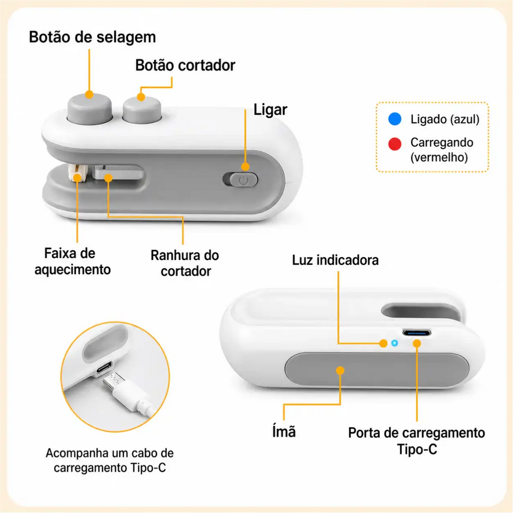 Lacre Pro Seladora USB Recarregável Conserva Alimentos