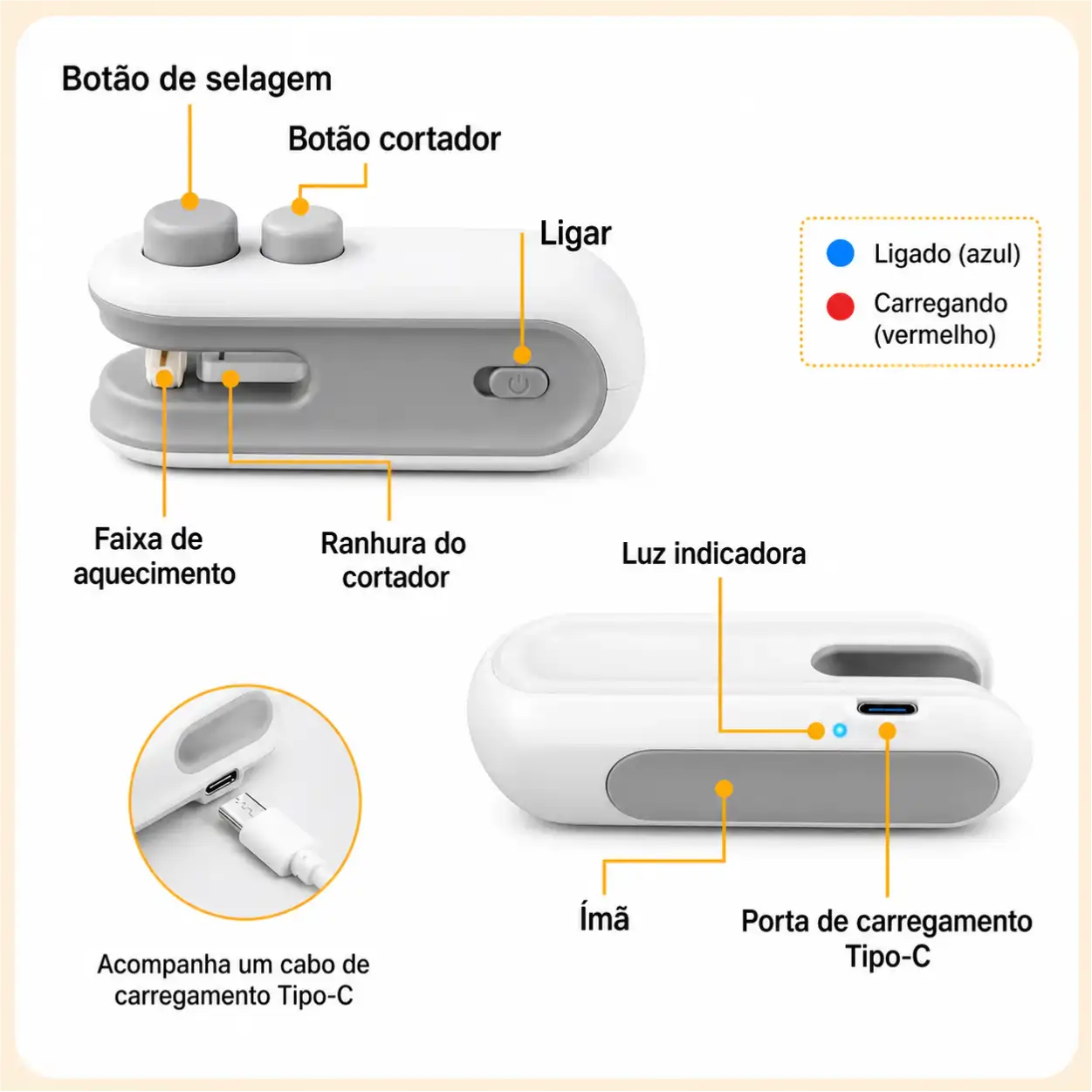 Lacre Pro Seladora USB Recarregável Conserva Alimentos