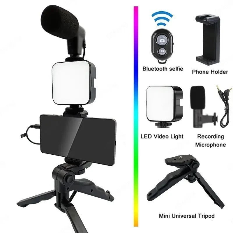 Kit Influencer 5 em 1 — Tripé Estabilizador + Microfone + LED Para Vídeos
